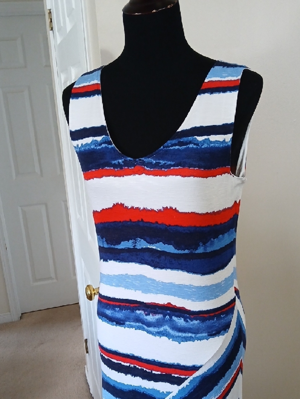 Tribal Sleeveless Maxi Dress in White, Blue & Red Stripes - Picture 9 of 14